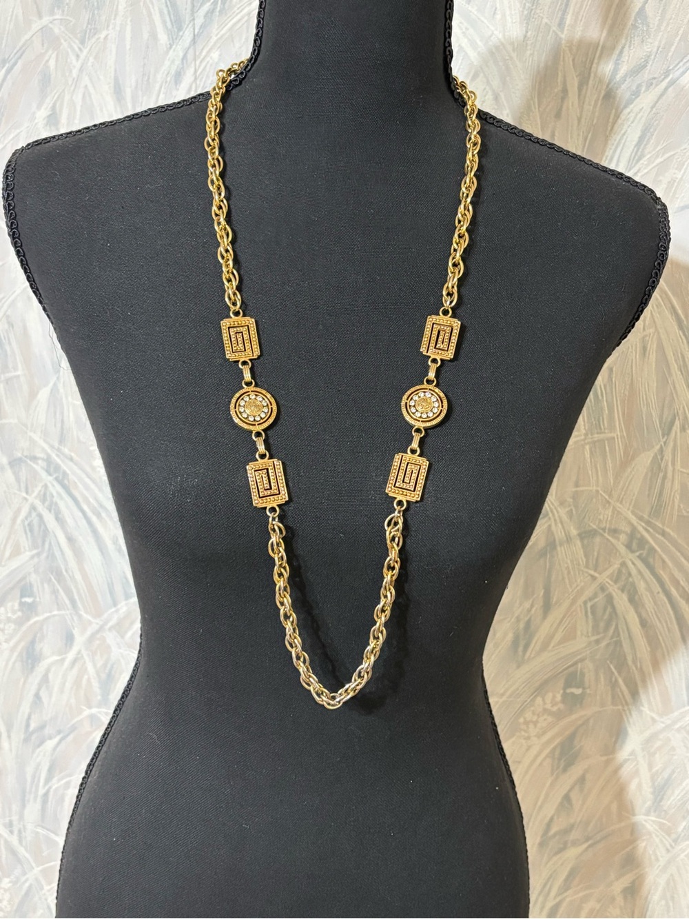 Premier Design Etruscan Long Gold Necklace w/Decorative Medallions 34”